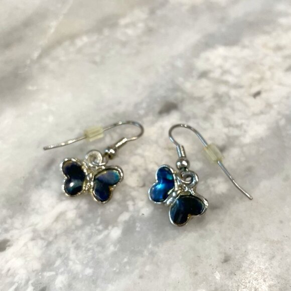 Blue Iridescent Butterfly Dangle Earrings - Picture 2 of 3